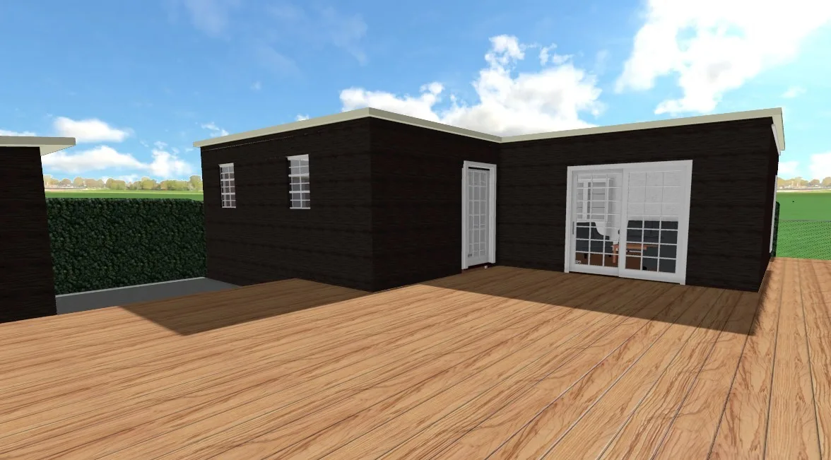 3D-ontwerp van een donker houten tuinhuis met een vlonder ervoor, gemaakt voordat het bouwwerk werd geplaatst