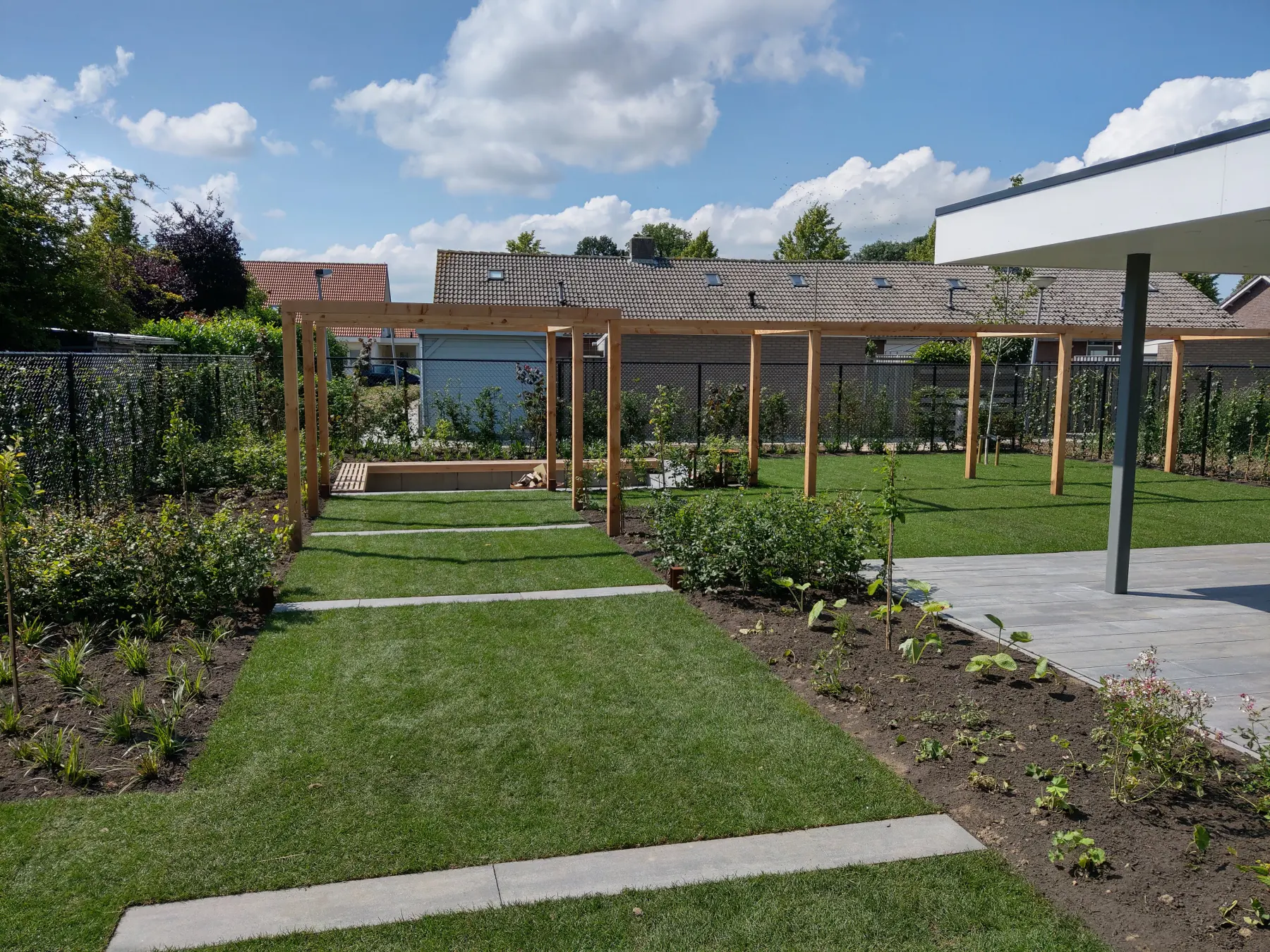 Pas aangelegde tuin bij een nieuwbouwhuis, met een houten pergola, jonge borders, een gazon en een pad van betontegels